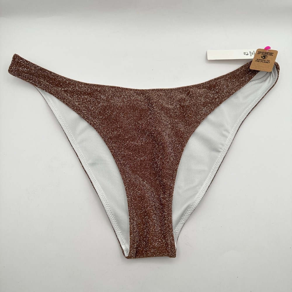 Pink Victoria's Secret Bikini Bottom Swim Brown M Shimmer Brazilian Cut NWT
